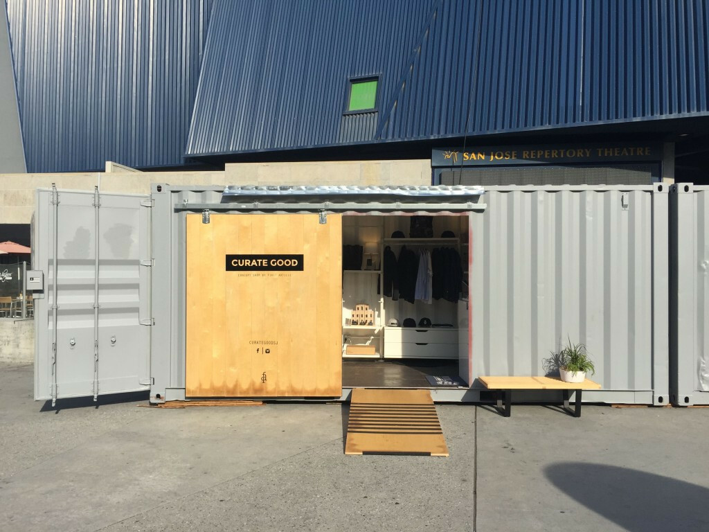 Shipping container pop-up shop, front view in daylight Front view of a shipping container fitted out as a pop-up shop, photographed during the day