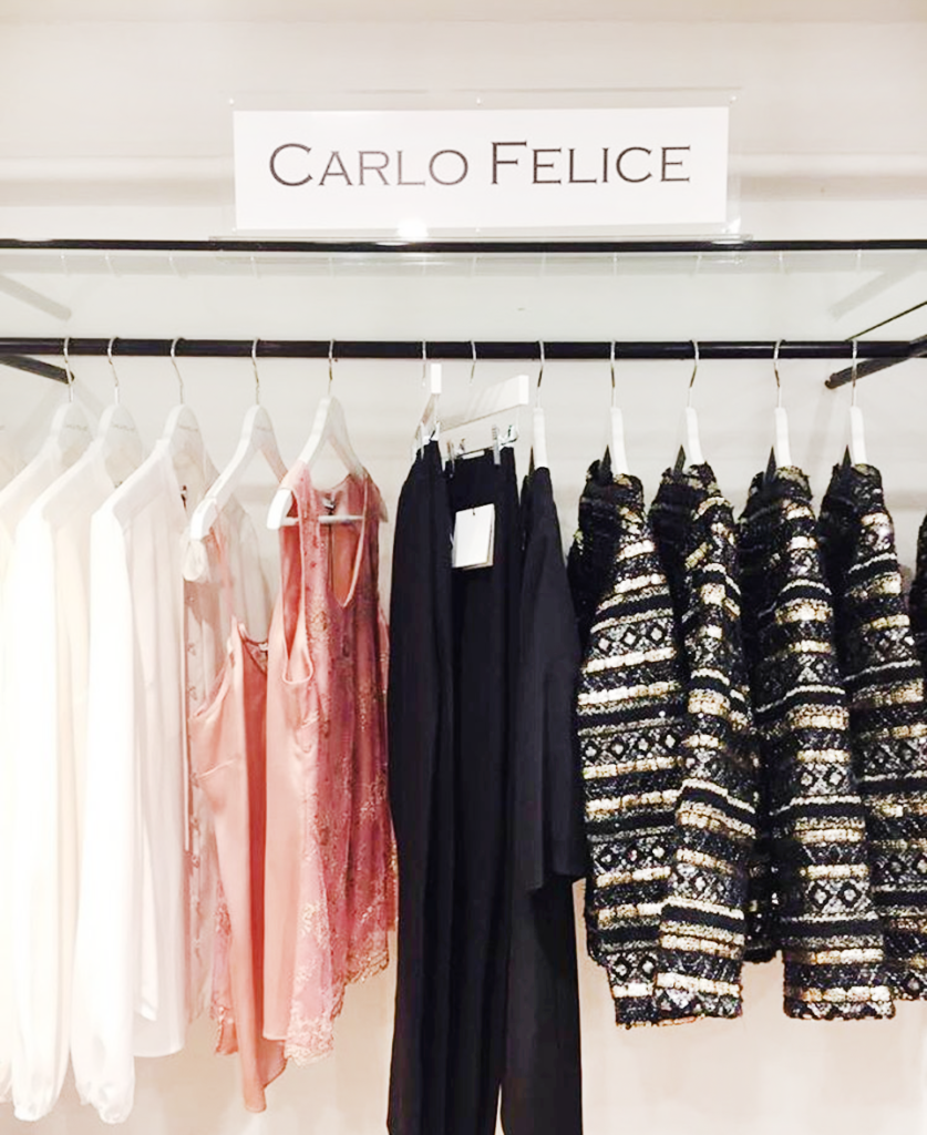 Close-up of Carlo Felice luxury womenswear displayed in London pop-up shop