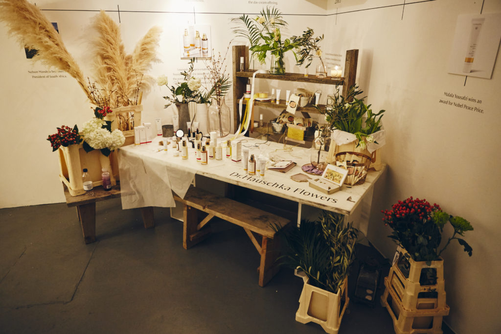 Close-up of Dr. Hauschka beauty products at anniversary pop-up shop