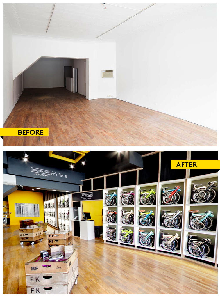 Avant et après aménagement d’une boutique éphémère à New York avec transformation complète de l’espace