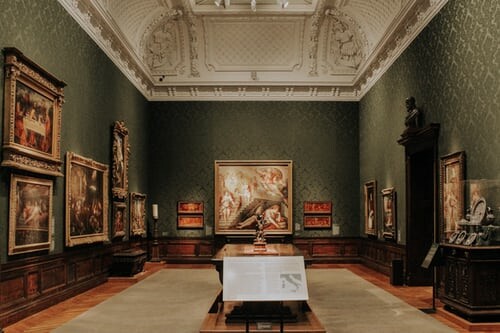 Artwork on display inside a historic Miami venue during Art Basel Miami