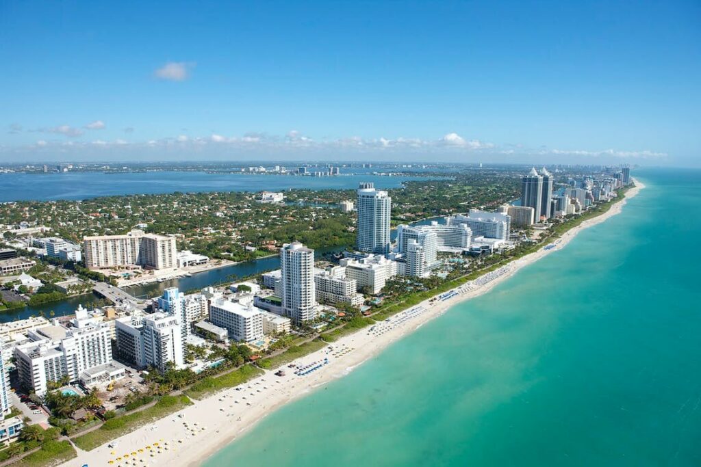 Sunny daytime view of South Beach and the Miami skyline during Art Basel Miami